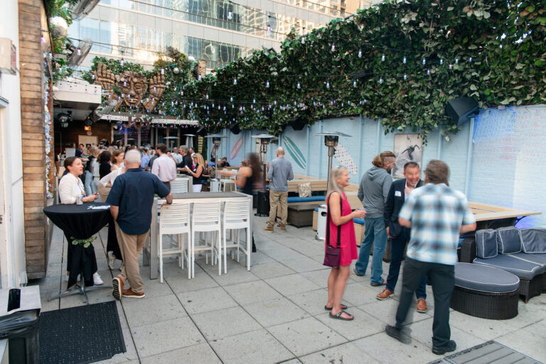 Wide view of the Joy District rooftop reception at the AWE Symposium reception at Joy District, Chicago