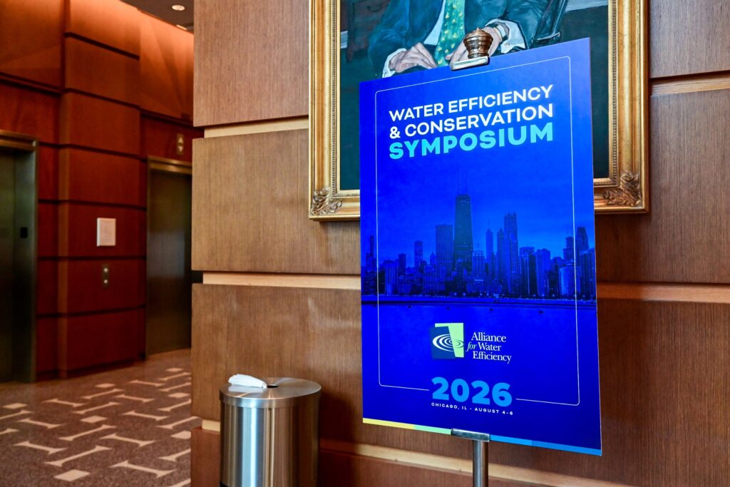 Alliance for Water Efficiency symposium sign in the Gleacher Center lobby, Chicago