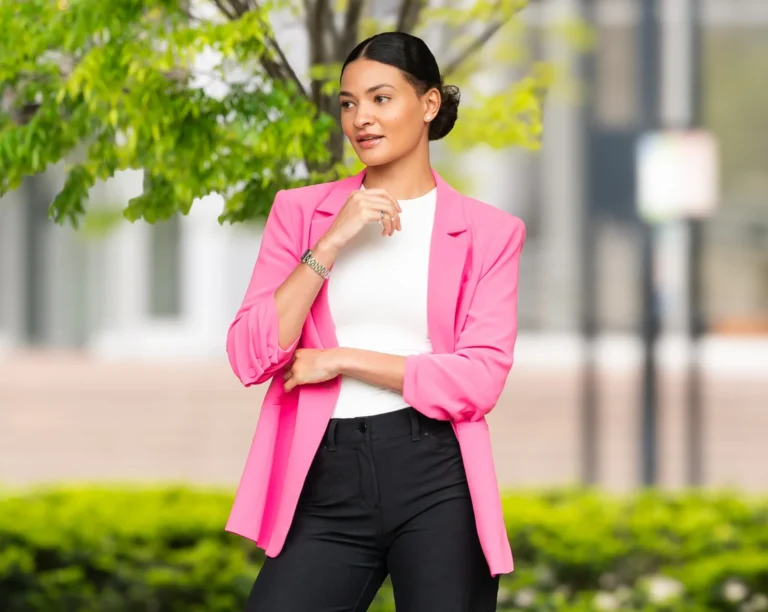 Professional in a pink blazer, outdoor personal branding portrait – Creative Soul Studios