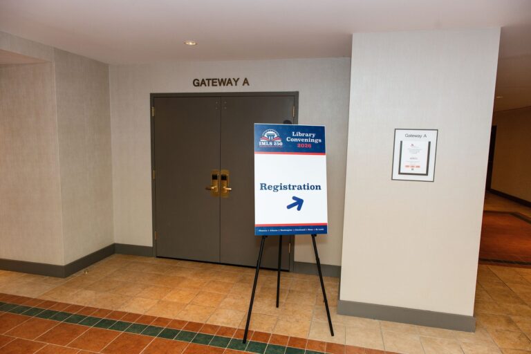 Registration sign outside the Gateway ballroom at IMLS Library Convenings St. Louis