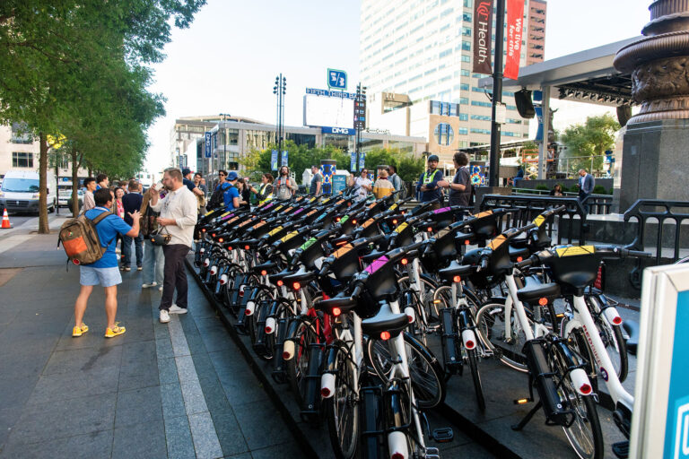 Bike share fleet lined up downtown for the NABSA group ride