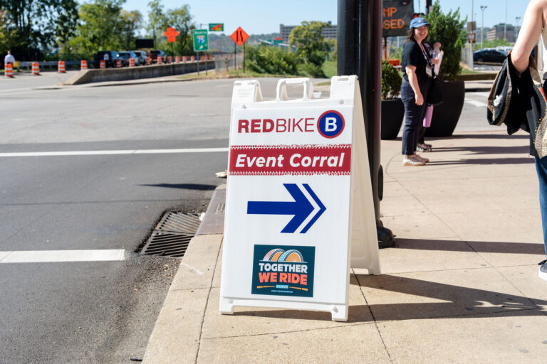 Red Bike event corral sign for the NABSA group ride in Cincinnati