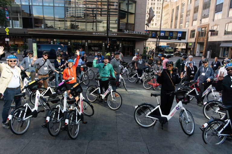Bike share group ride gathering in downtown Cincinnati during NABSA