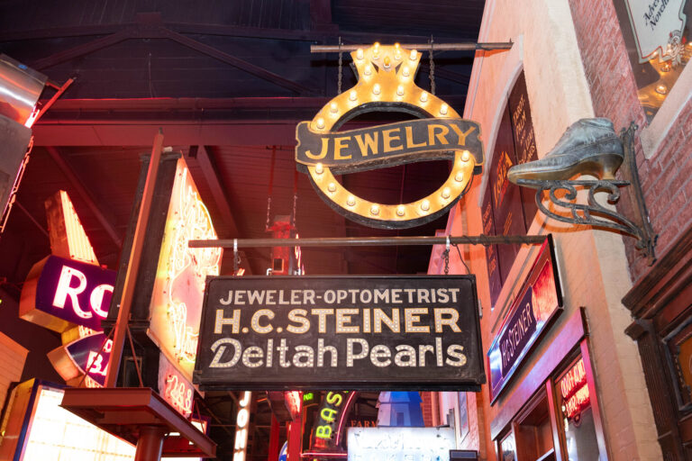 Vintage jewelry neon sign at the P&G Baby Care celebration, American Sign Museum Cincinnati