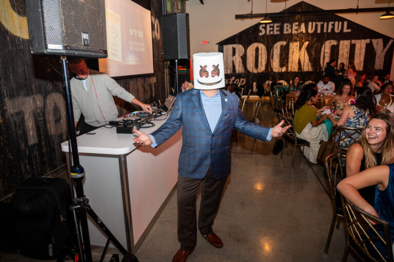 DJ in a Marshmello mask at the P&G Baby Care celebration, American Sign Museum Cincinnati