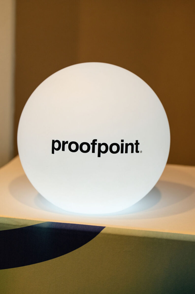 Proofpoint branded light-up sphere at Proofpoint Protect Insights Cincinnati