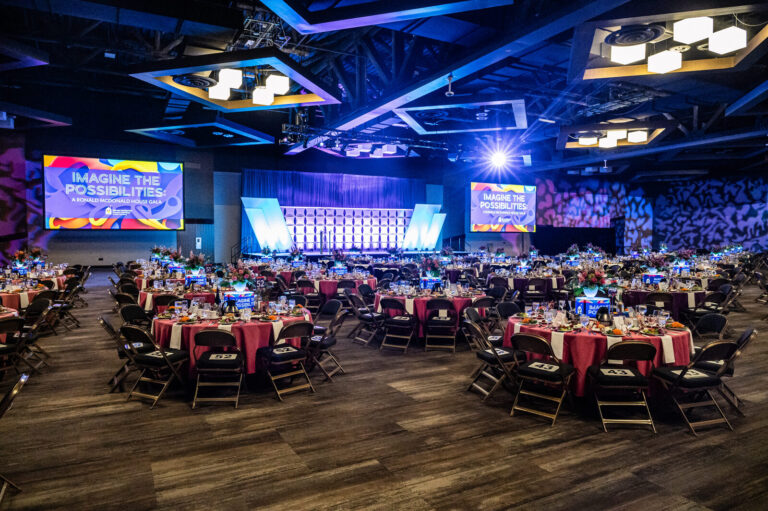 Ballroom set with round tables and stage screens at the Ronald McDonald House Charities gala, Northern Kentucky Convention Center