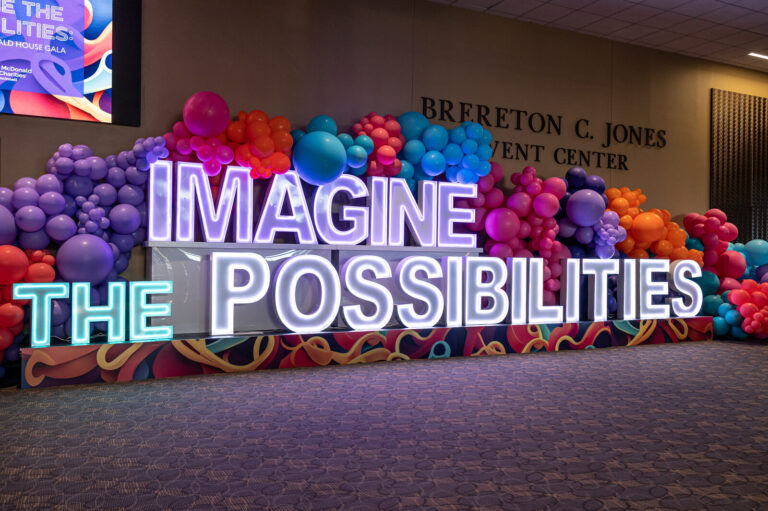 Imagine the Possibilities balloon wall at the Ronald McDonald House Charities gala, Northern Kentucky Convention Center