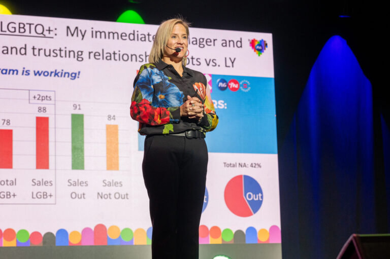 Speaker presenting LGBTQ+ data on stage at the Zeno Group P&G GABLE event, Hard Rock Casino Cincinnati