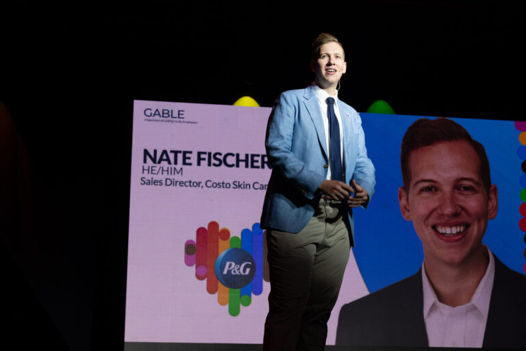 Speaker presenting in front of a GABLE slide at the Zeno Group P&G GABLE event, Hard Rock Casino Cincinnati