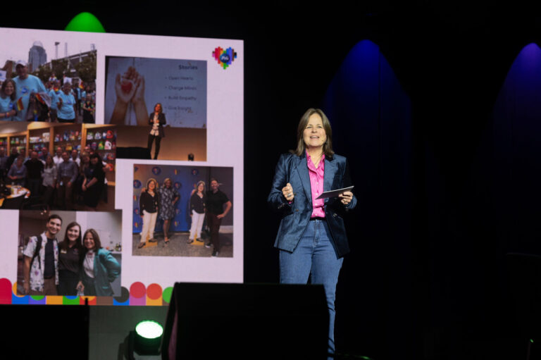 Speaker presenting a photo collage at the Zeno Group P&G GABLE event, Hard Rock Casino Cincinnati